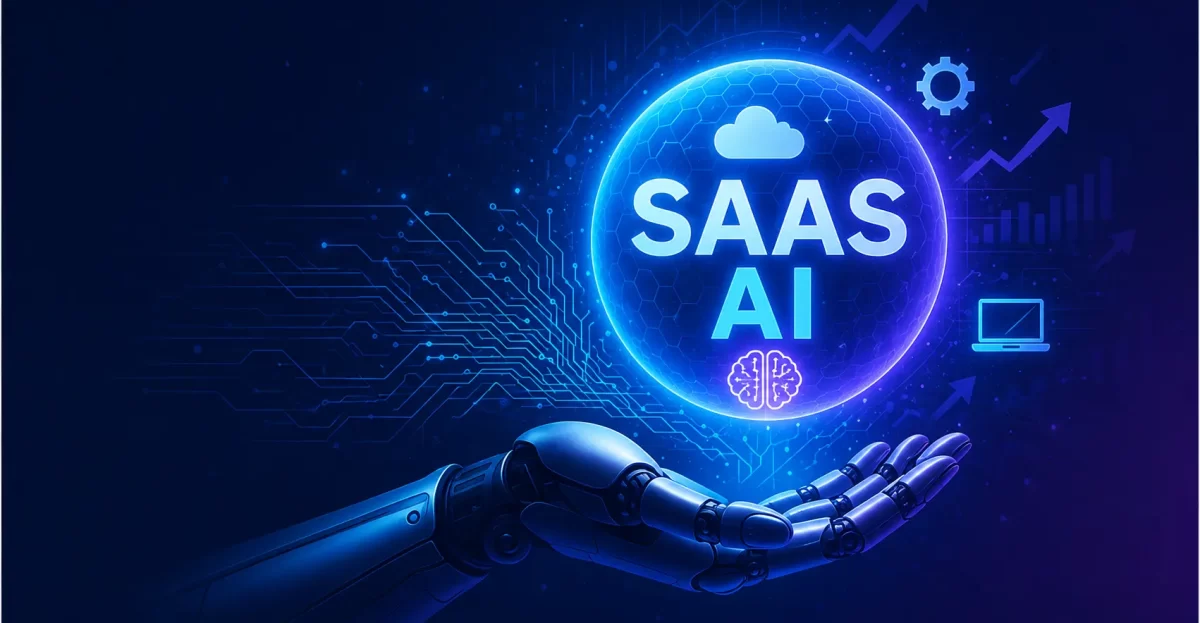 Futuristic SaaS AI illustration showing a robotic hand and glowing digital interface representing AI-powered SaaS platforms, access risks, OAuth security, and permission sprawl